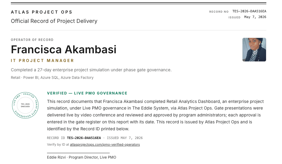 An Atlas Project Ops official record of project delivery, marked verified under Live PMO governance and signed by Eddie Rizvi as Program Director